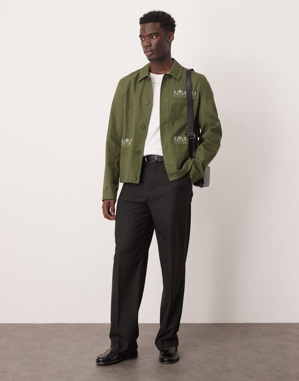 ASOS DESIGN embroidered harrington jacket in olive Product Image