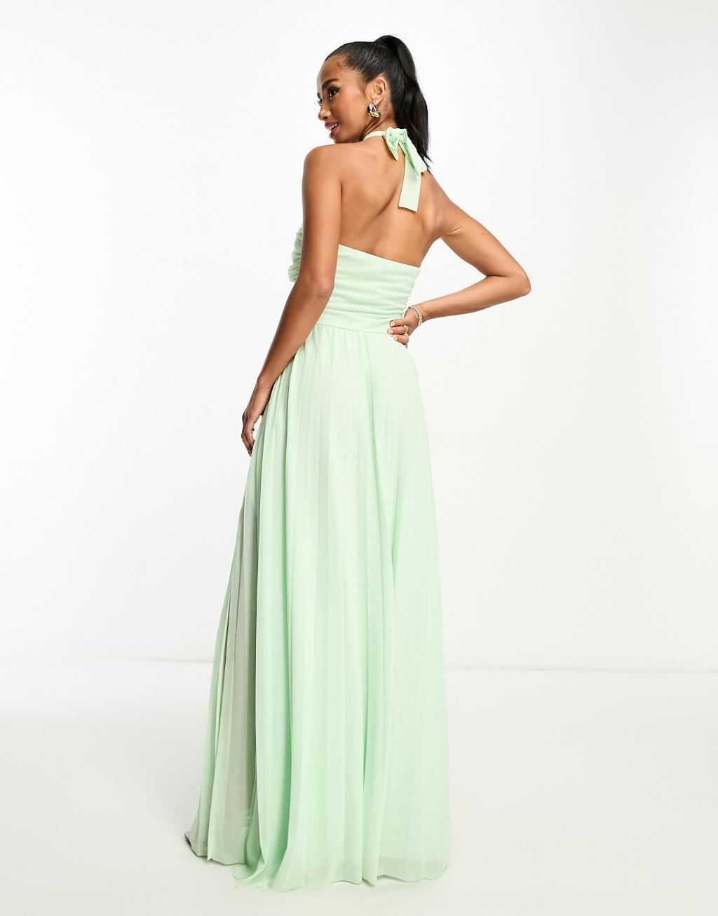 ASOS DESIGN Petite halterneck channel mesh maxi dress in sage green Product Image