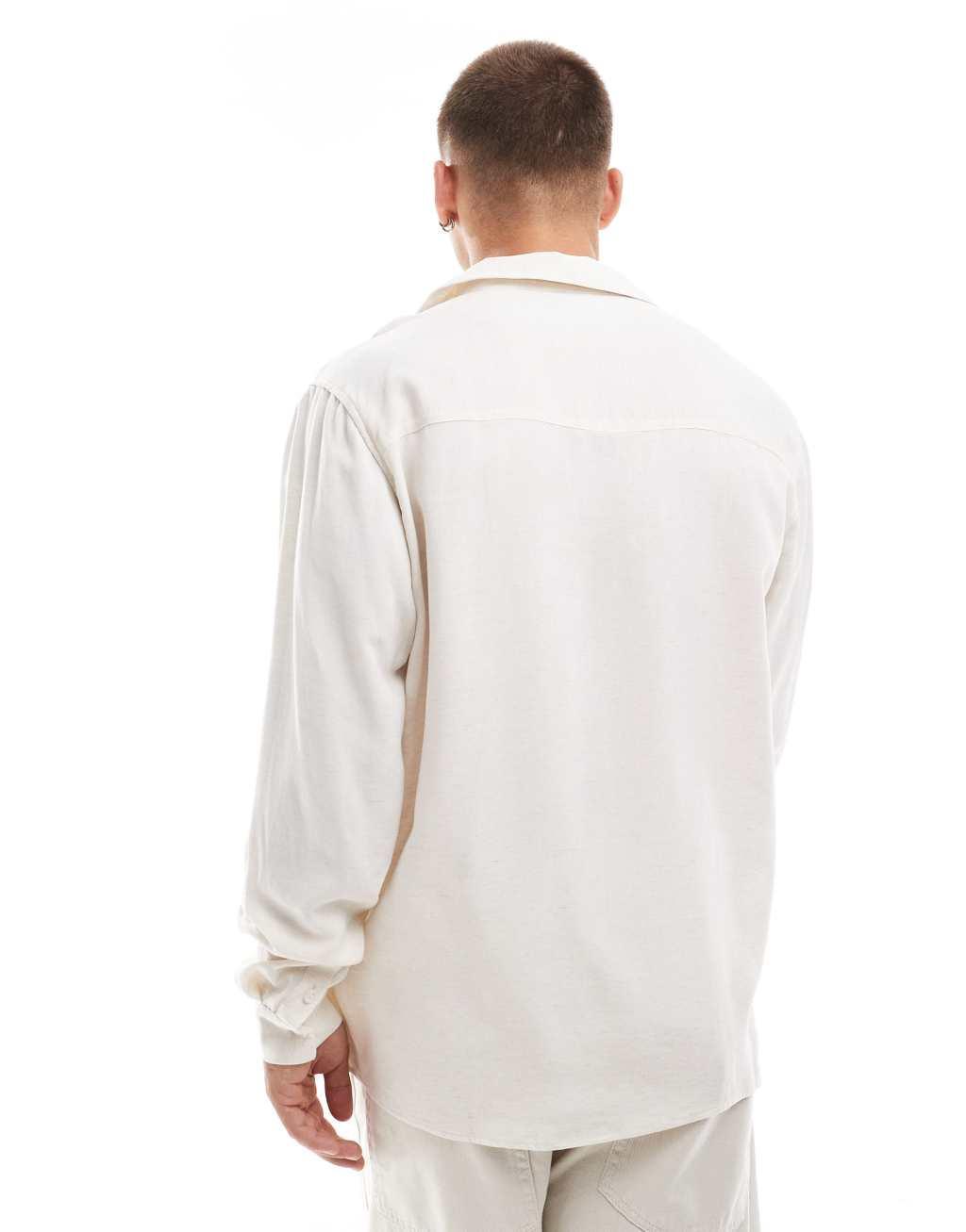 ASOS DESIGN oversized linen mix shirt with revere collar in ecru Product Image