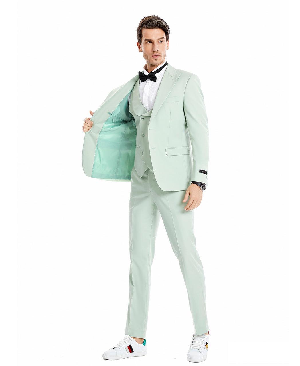 (40R) Mint Solid Color 3 Piece Slim Fit Suit 2 Button Peak Lapel Product Image