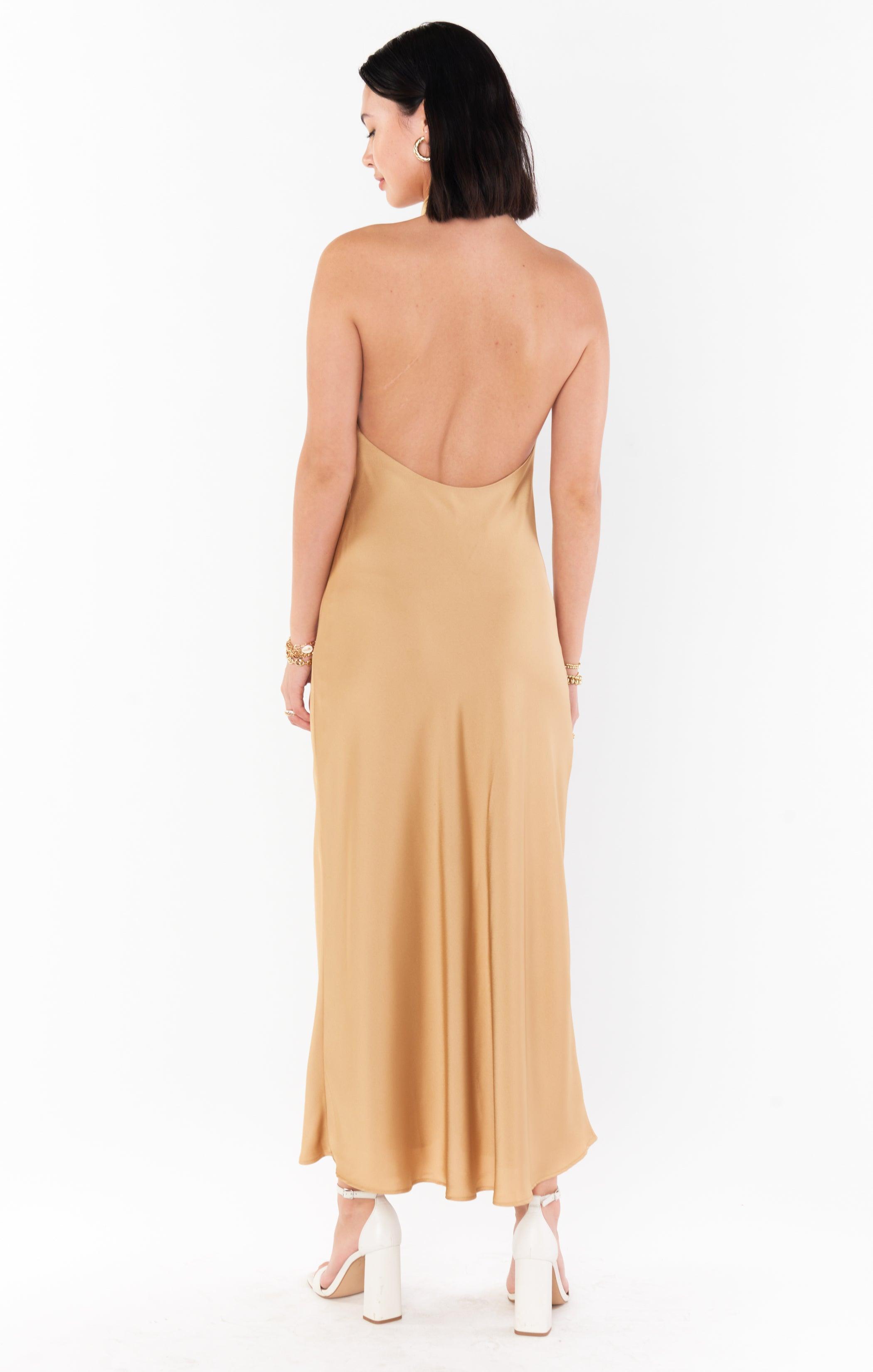 Jasmine Halter Midi Dress ~ True Gold Luxe Satin Product Image