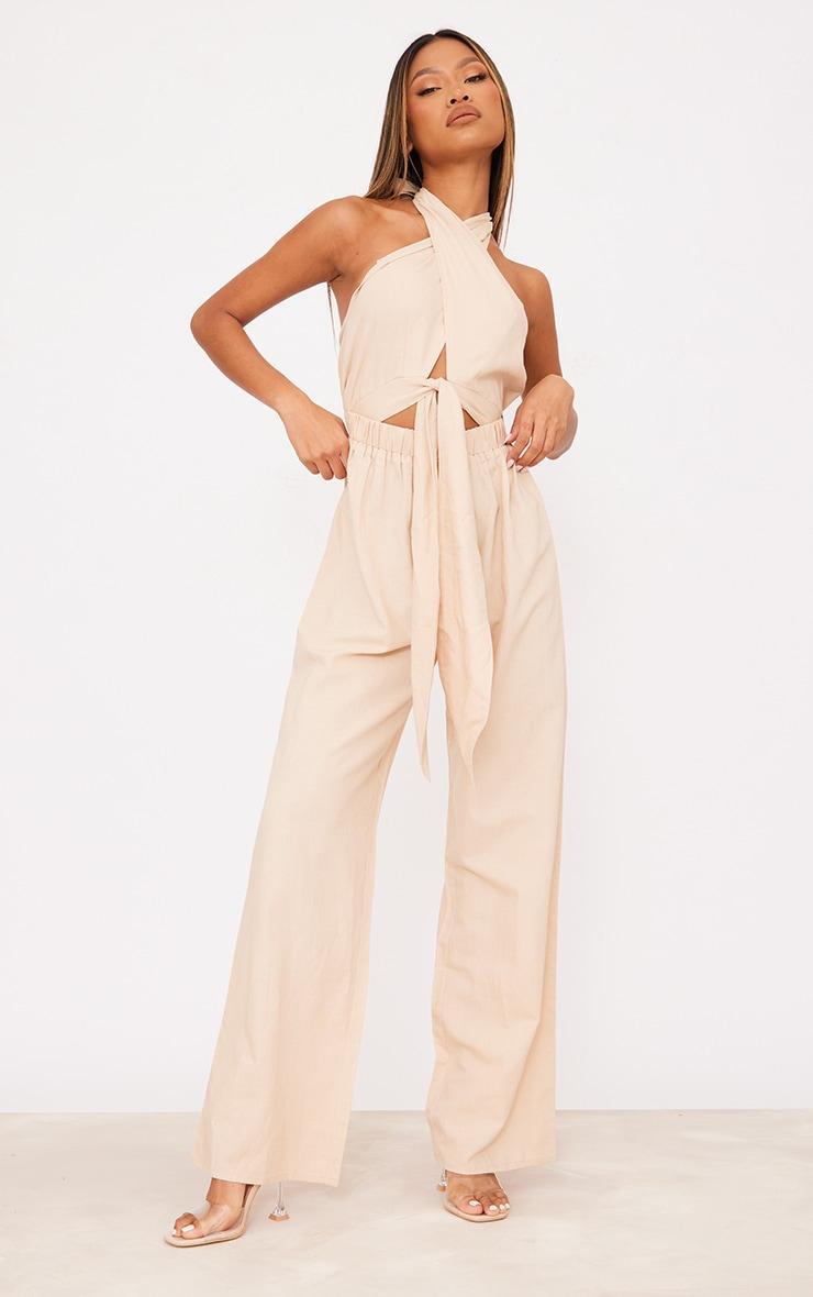 Stone Linen Cross Halter Detail Cut Out Jumpsuit Product Image