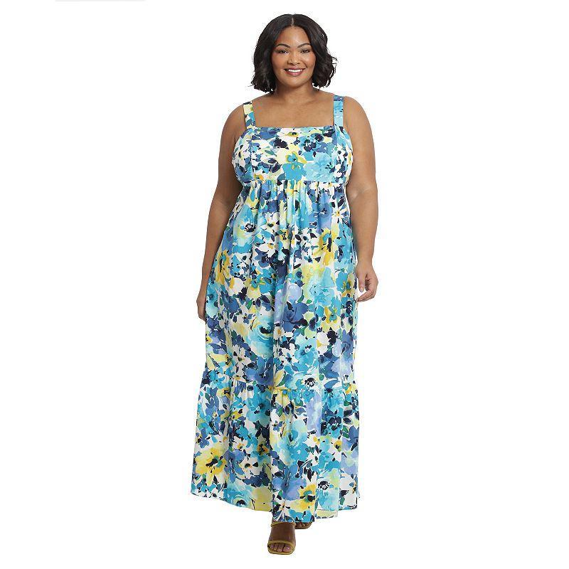 London Times Plus Size Floral Print Sleeveless Square Neck Smocked Back Cotton Tiered Maxi Dress Product Image