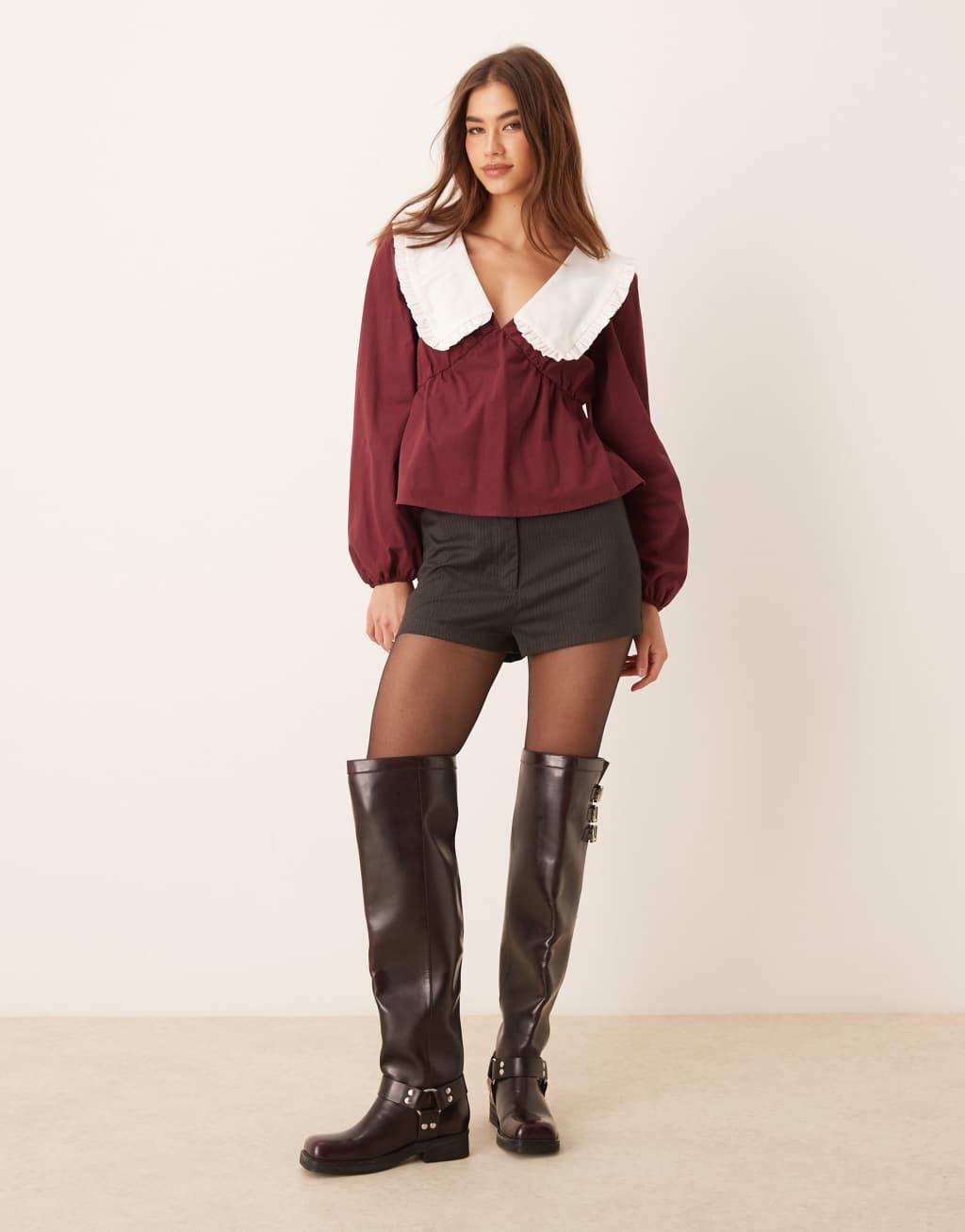 ASOS DESIGN poplin contrast collar blouse in burgundy Product Image