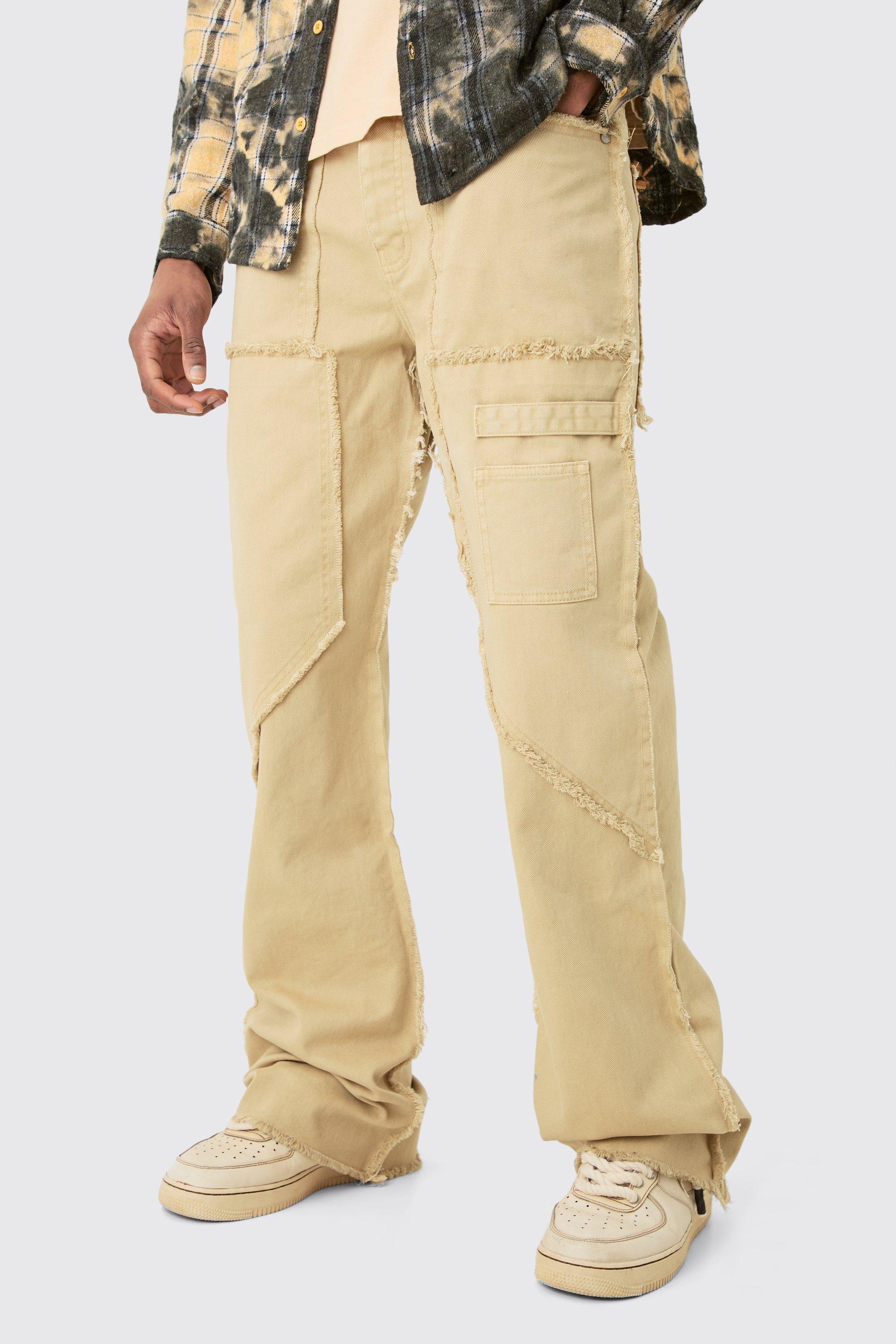 Mens Beige Tall Fixed Waist Washed Relaxed Raw Edge Twill Flare Trouser, Beige Product Image