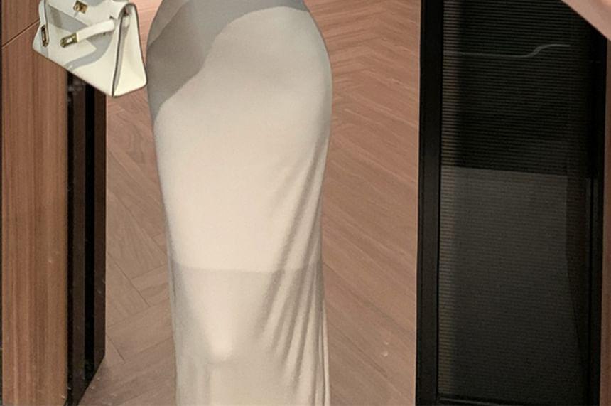 Short-Sleeve Off-Shoulder Plain Maxi Sheath Dress Product Image