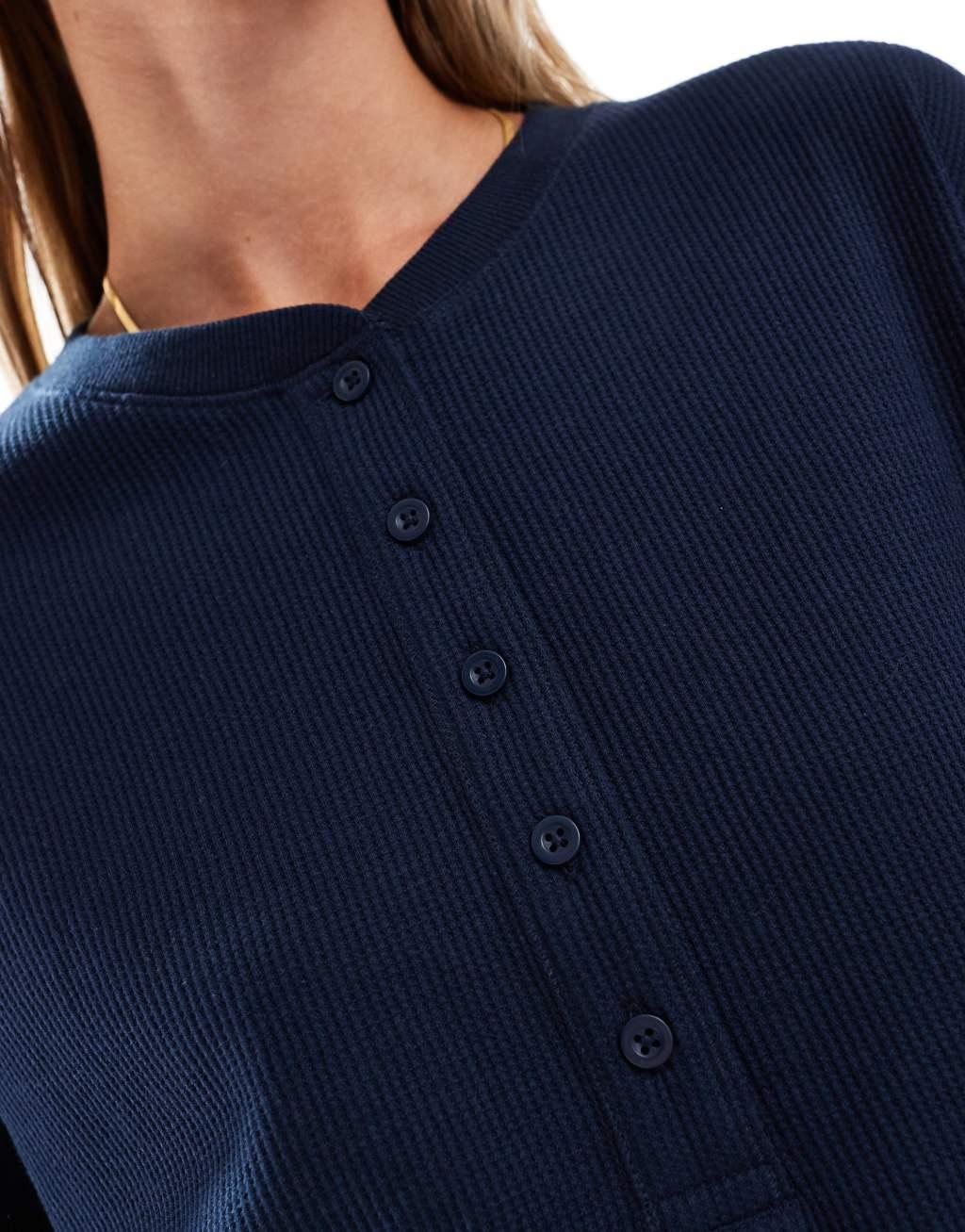 ASOS DESIGN oversized long sleeve henley in waffle navy Product Image