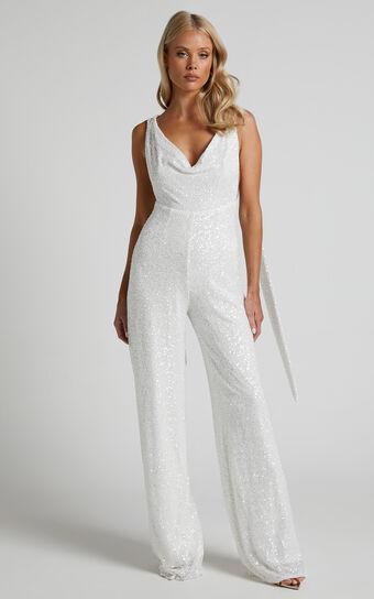 Malisha Jumpsuit - Cowl Neck Backless Jumpsuit in White Sequin Product Image