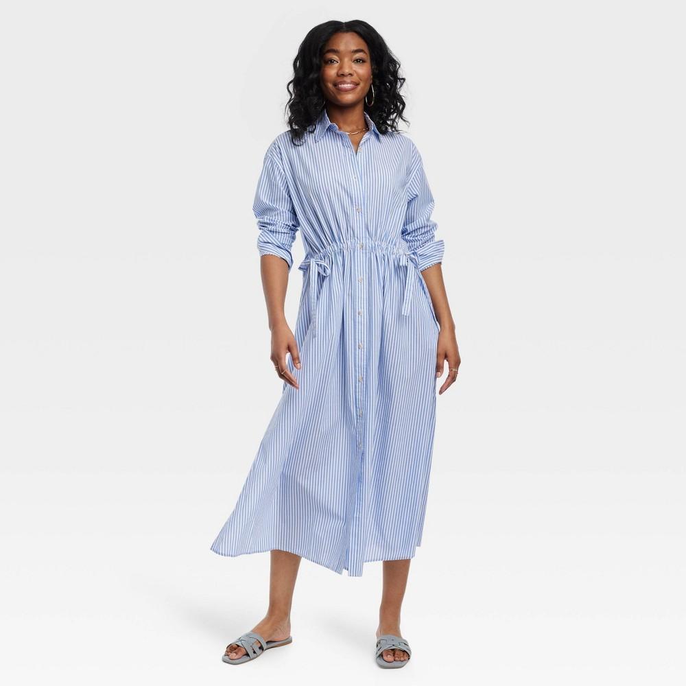 Womens Long Sleeve Cinch Waist Maxi Shirtdress - Universal Thread Blue Striped XL Product Image