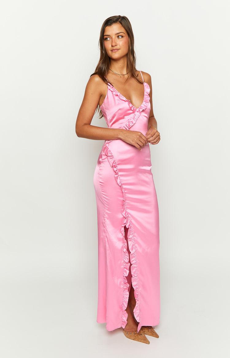 Nahanee Pink Satin Ruffle Maxi Dress Product Image