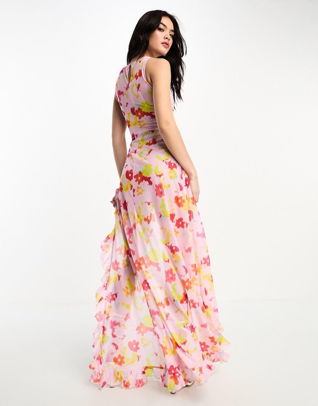 Annorlunda blurred acid floral print sheer chiffon maxi dress in pale pink Product Image