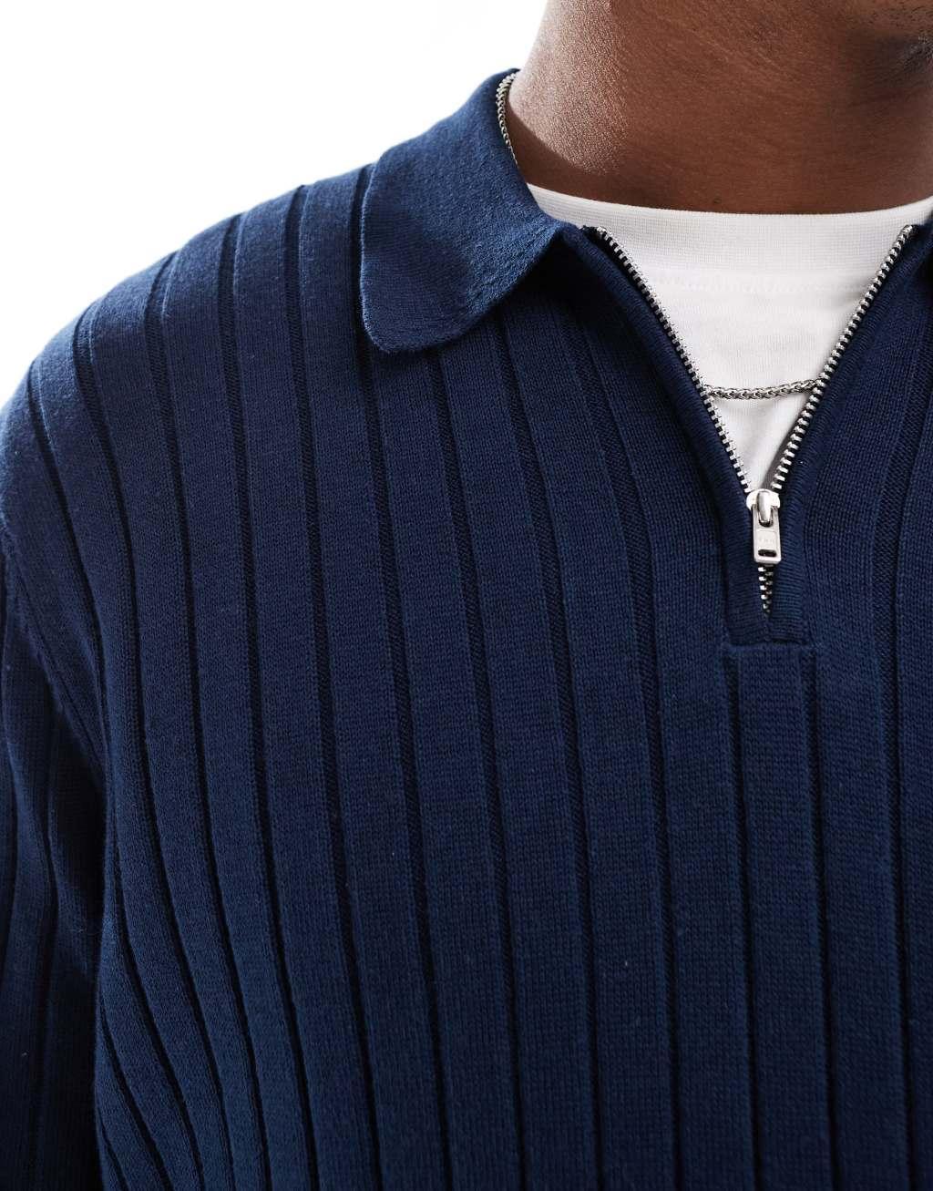 ASOS DESIGN essential rib knit 1/2 zip polo sweater in navy Product Image