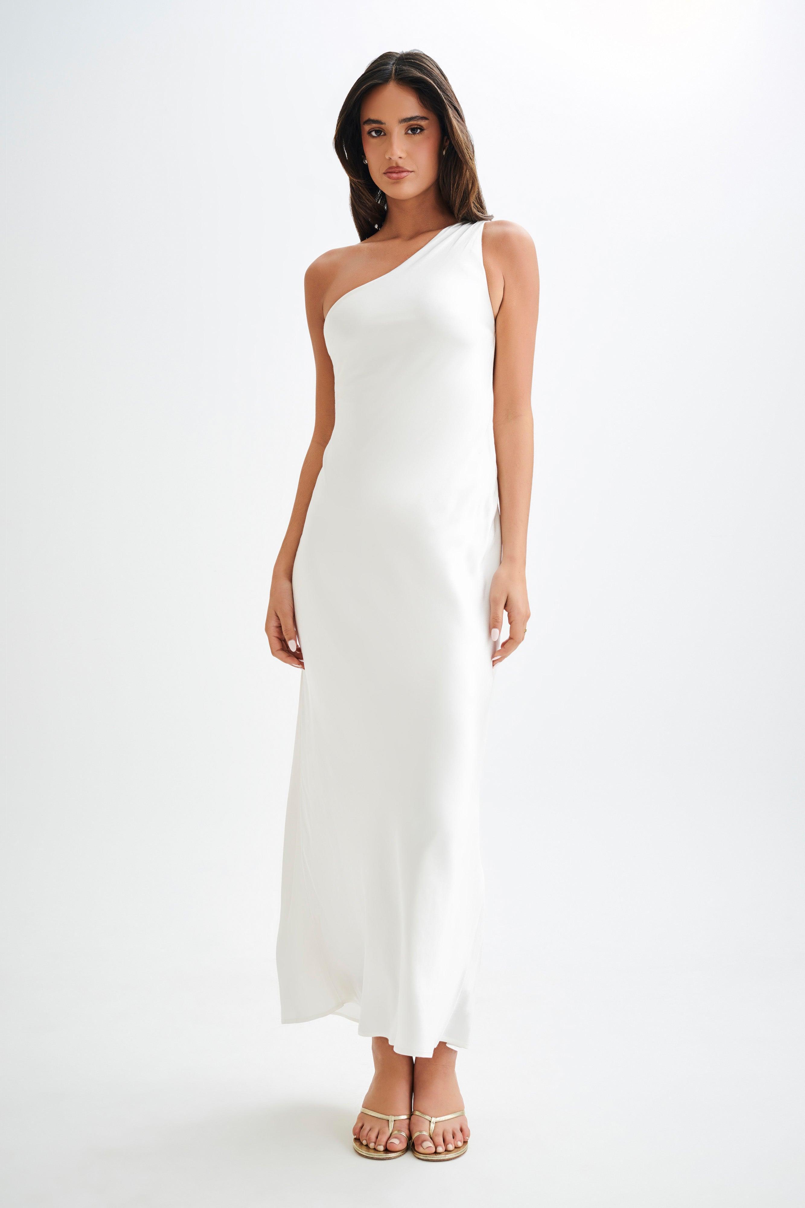 Camille One Shoulder Satin Maxi Dress - White Product Image