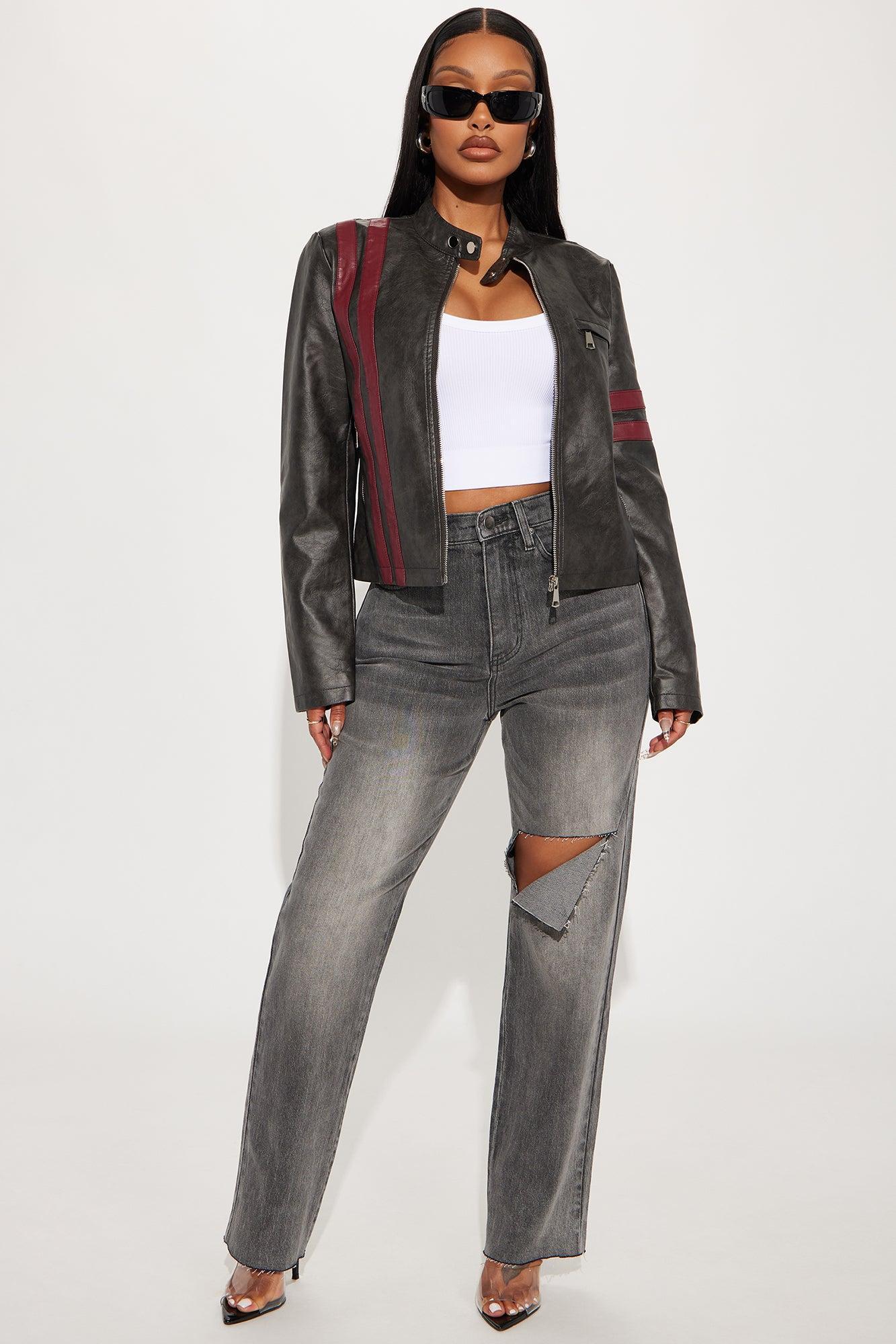 Leanna Washed Faux Leather Jacket - Black/Red Product Image