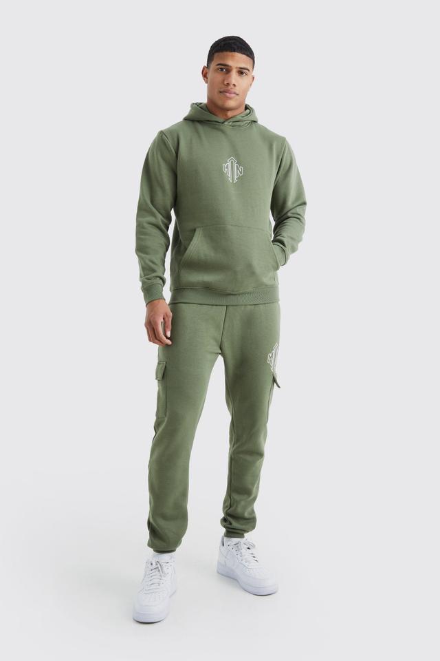 Mens Green Man Slim Fit Cargo Hooded Tracksuit, Green Product Image