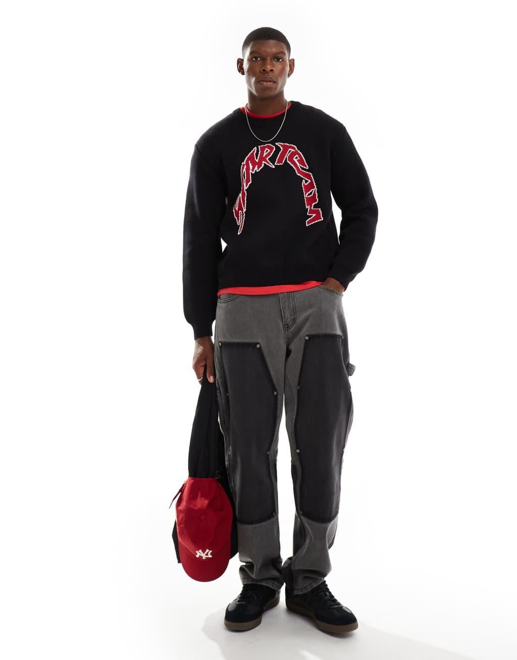 Weekday Emilio sweater with varsity style jacquard graphic in red Product Image