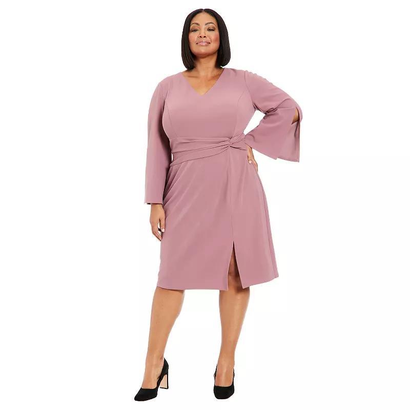 Plus Size London Times V-Neck Split Sleeve Side Twist Sheath Dress, Womens Product Image