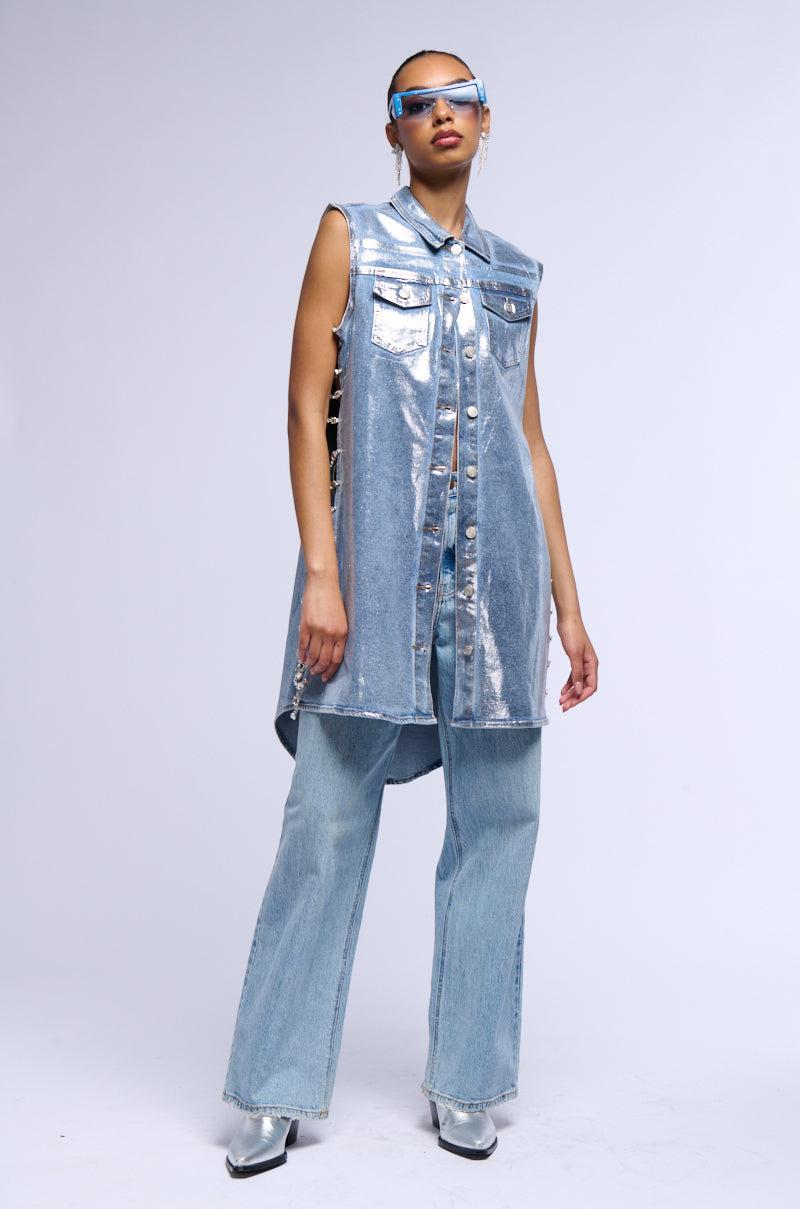 VEGAS RHINESTONE TRIM METALLIC DENIM VEST Product Image