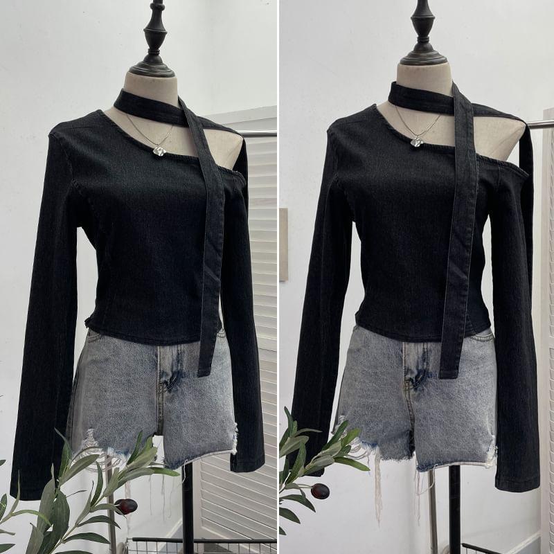 Long Sleeve Cold Shoulder Neck Tie Denim Crop Top Product Image