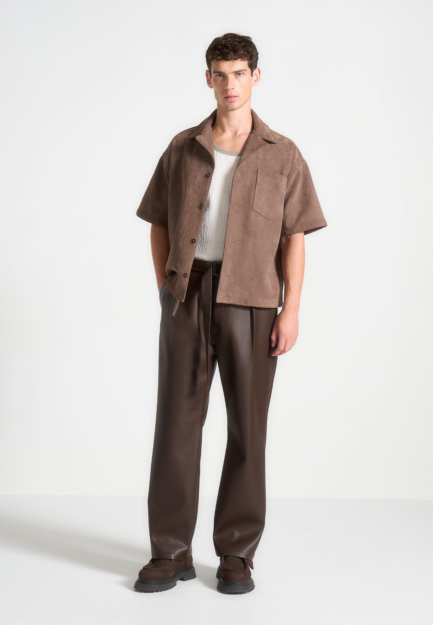 Relaxed Fit Leather Pleated Trouser - Brown Male Product Image