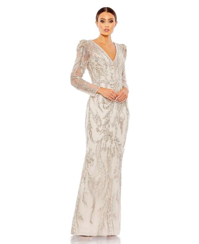 Womens Embellished Puff Sleeve V Neck Gown Product Image