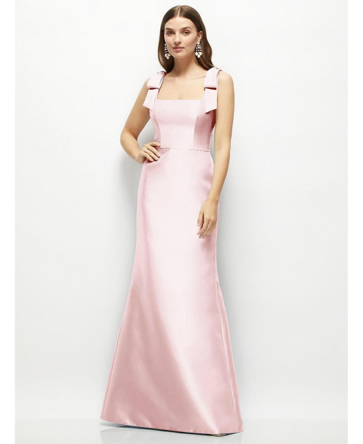 Alfred Sung Womens Satin Fit and Flare Maxi Dress with Shoulder Bows Product Image