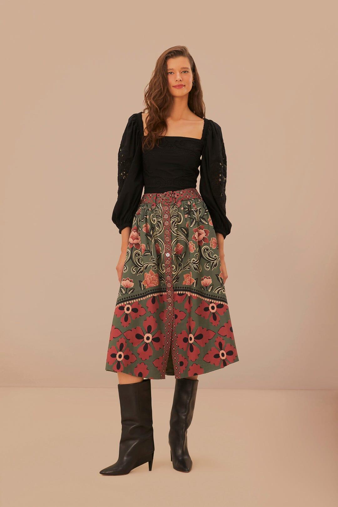 Arabesque Floral Green Buttons Midi Skirt product image