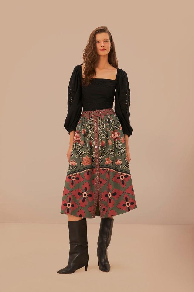 Arabesque Floral Green Buttons Midi Skirt Product Image