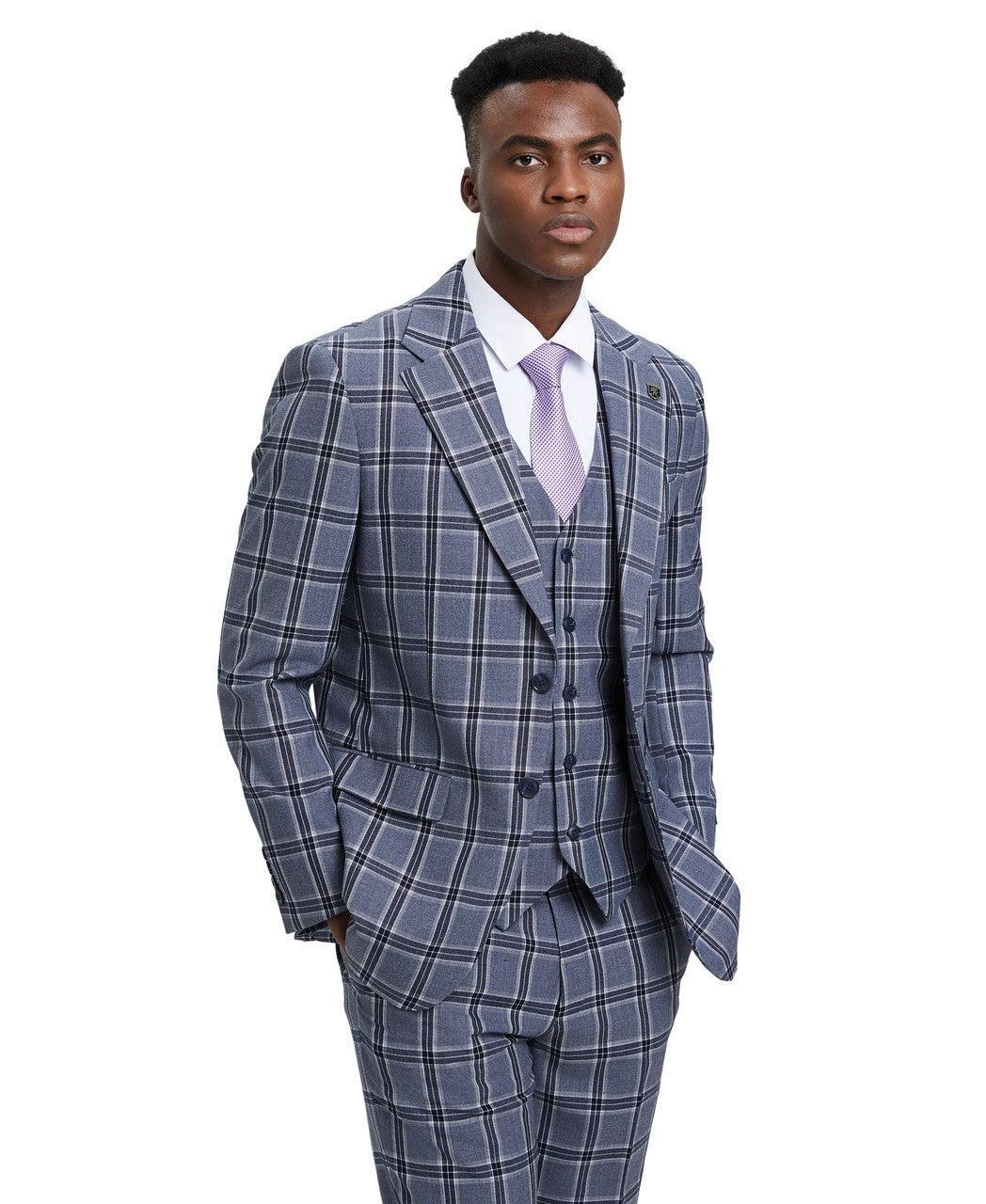 Stacy Adams 3 Piece Suit 2 Buttons Plaid Hybrid Fit in Grey with Adjustable Waistband Product Image