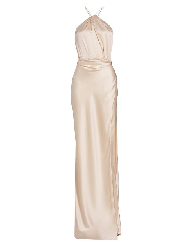 Womens Satin Silk Pleated Halter Gown Product Image