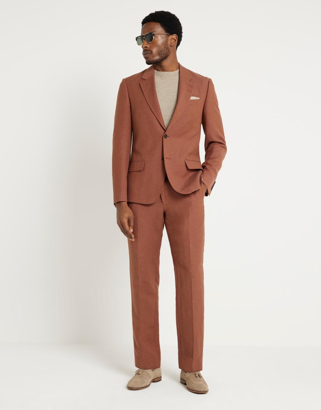 River Island linen look slim suit jacket in rust  Product Image