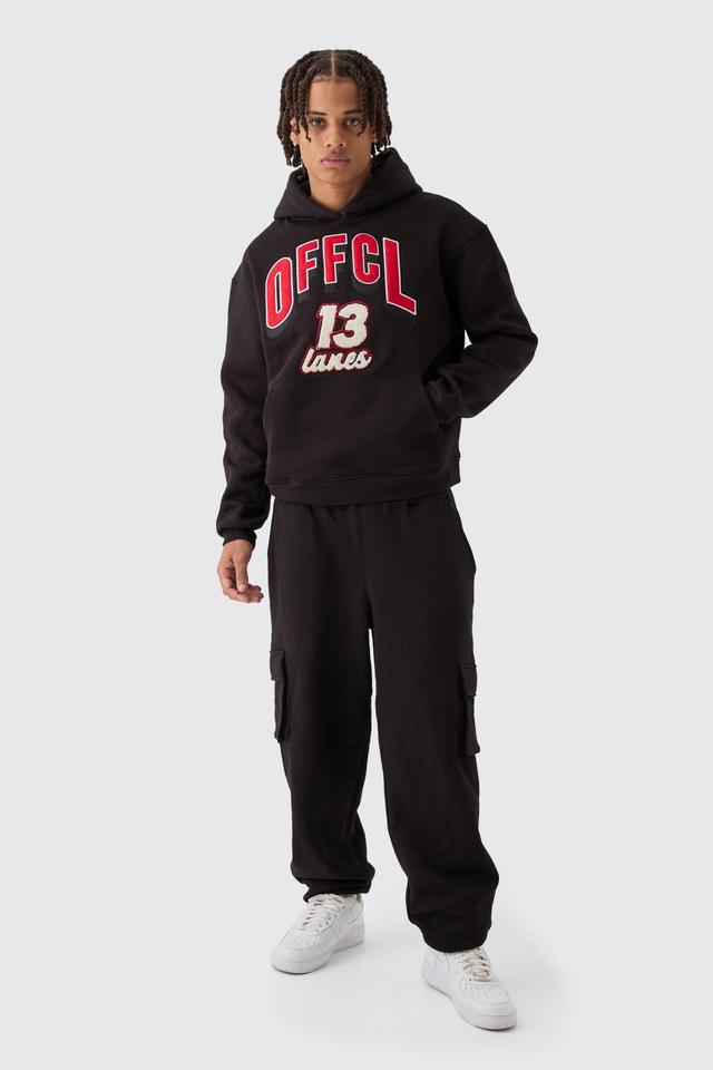 Oversized Boxy Varsity Applique Cargo & Hoodie Tracksuit | boohooMAN USA Product Image