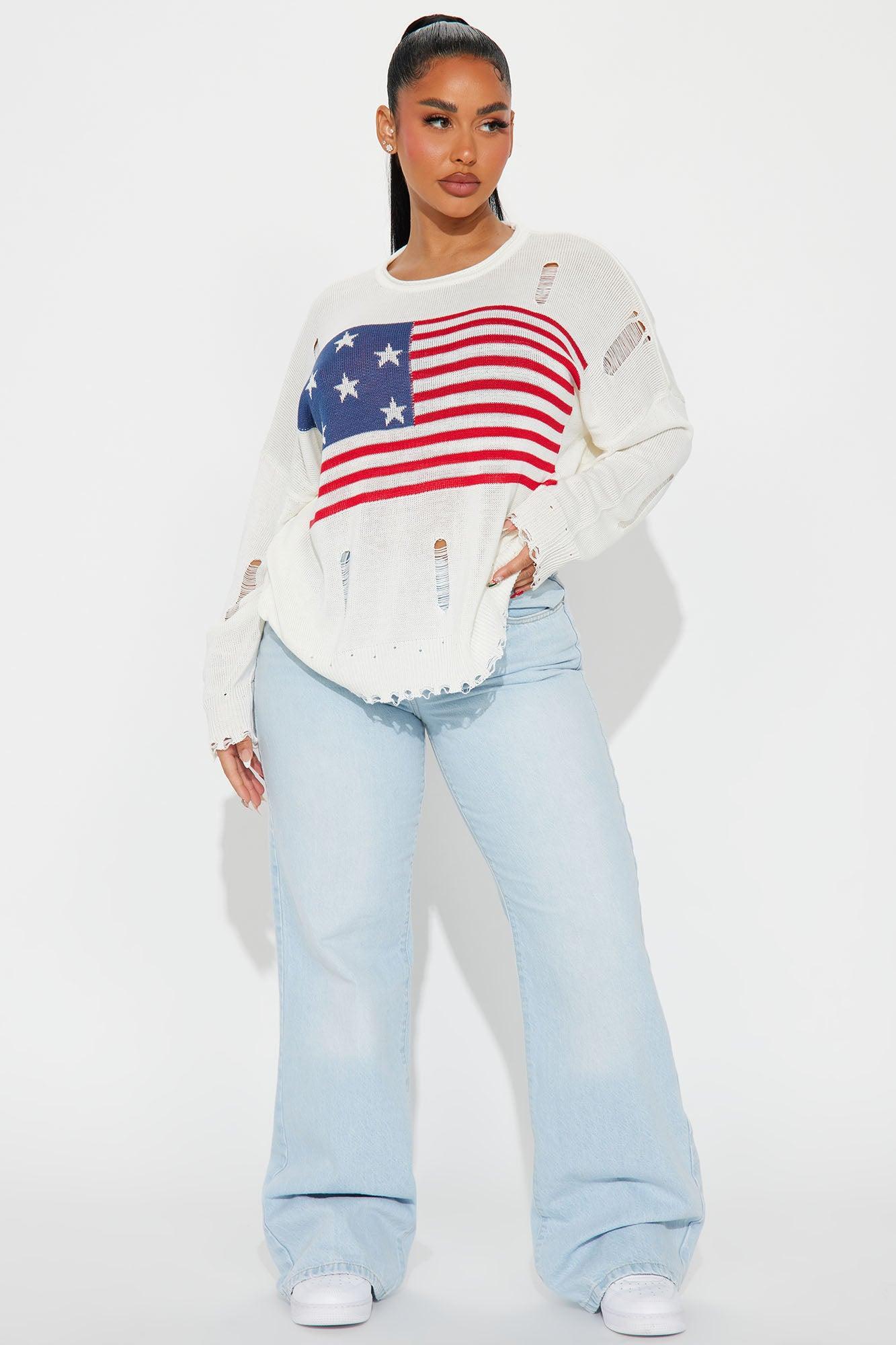 American Flag Distressed Sweater - Ivory/combo Product Image