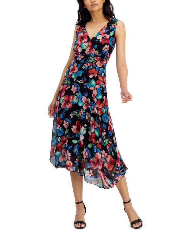 Connected Womens Floral-Print Asymmetrical Midi Dress Product Image