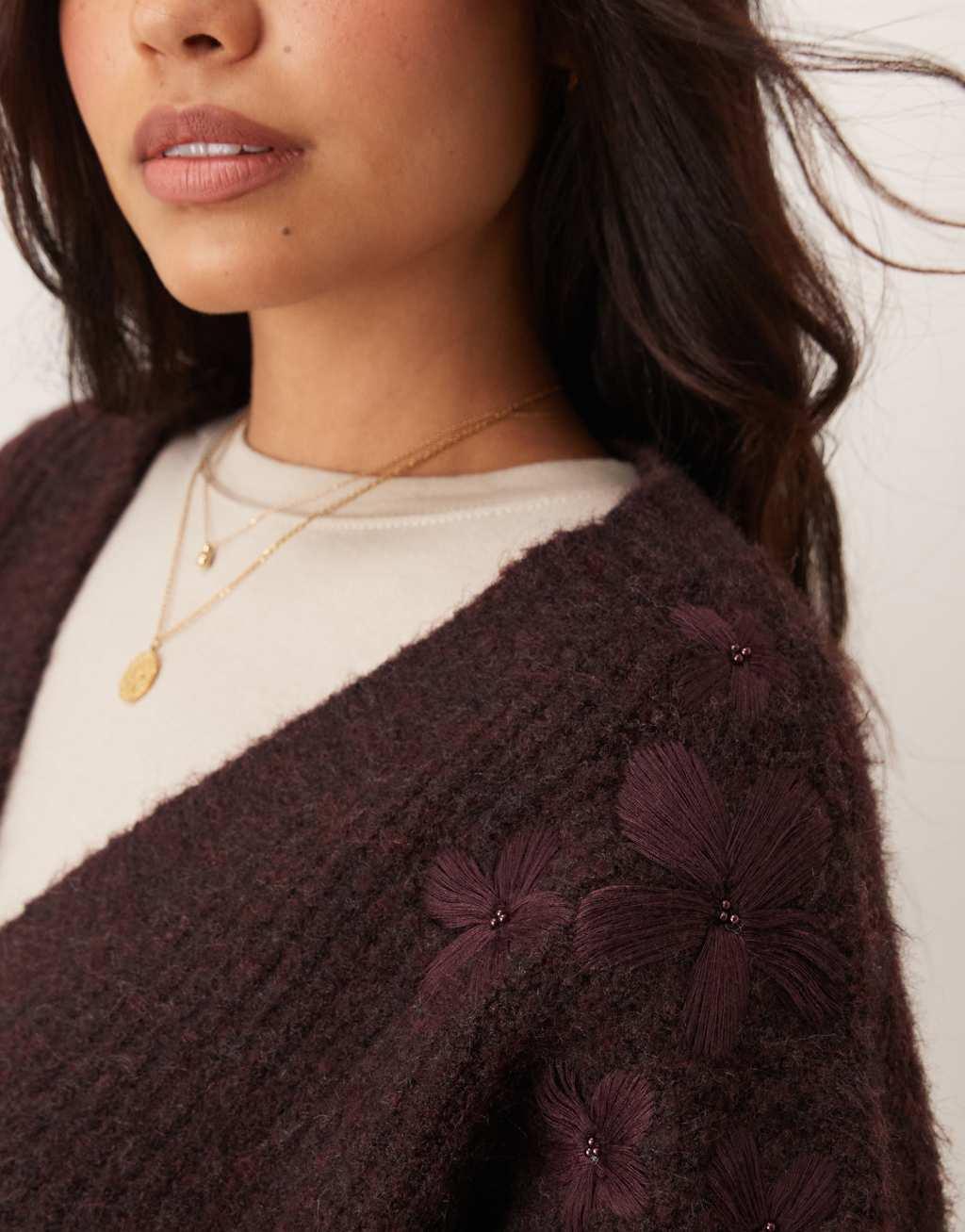 Miss Selfridge embroidered flower cardigan in chocolate Product Image