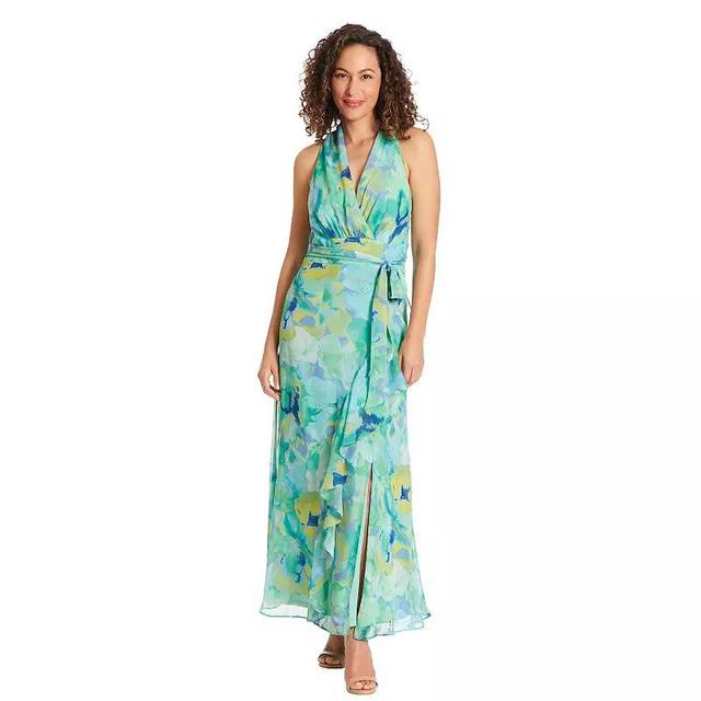 Womens London Times Floral Watercolor Halter Neck Ruffly Slit Hem Maxi Dress Product Image