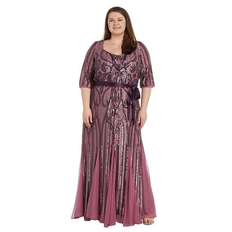 Plus Size R&M Richards Sweetheart Neckline Floral Sequin Paneled Maxi Godet Dress, Womens Med Green Product Image