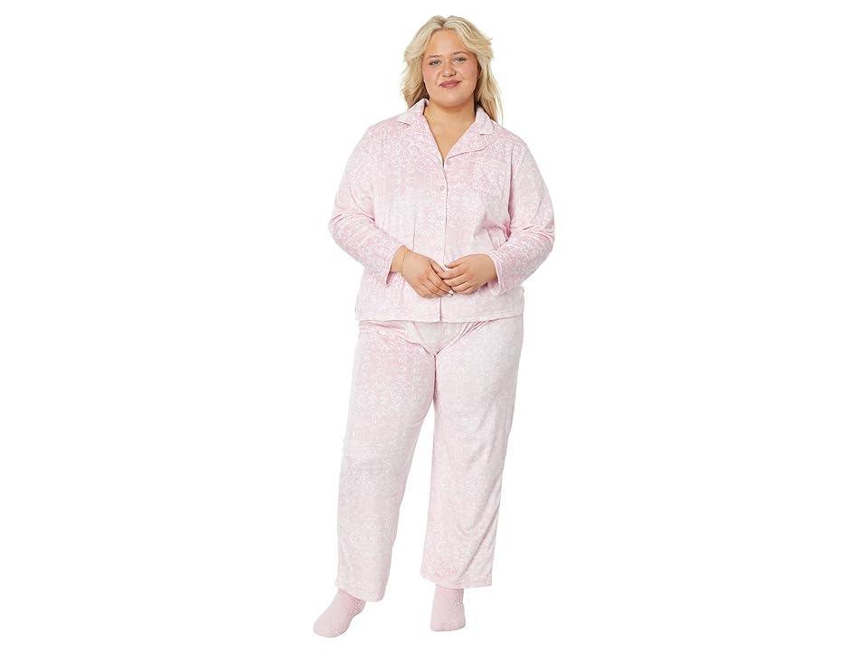 Karen Neuburger Plus Size Novelties Minky Long Sleeve Girlfriend PJ w/ Sock (Winter Brocade/Pink) Women's Pajama Sets Product Image