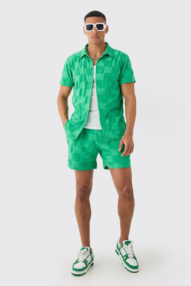 Mens Green Towelling Checkerboard Shirt & Short Set, Green Product Image