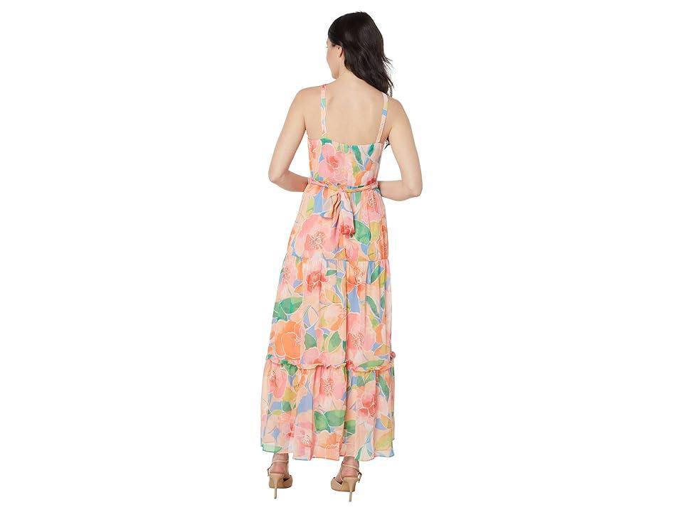 Maggy London Apron Front Floral Print Maxi Dress (Sky Blue/Peach) Women's Dress Product Image