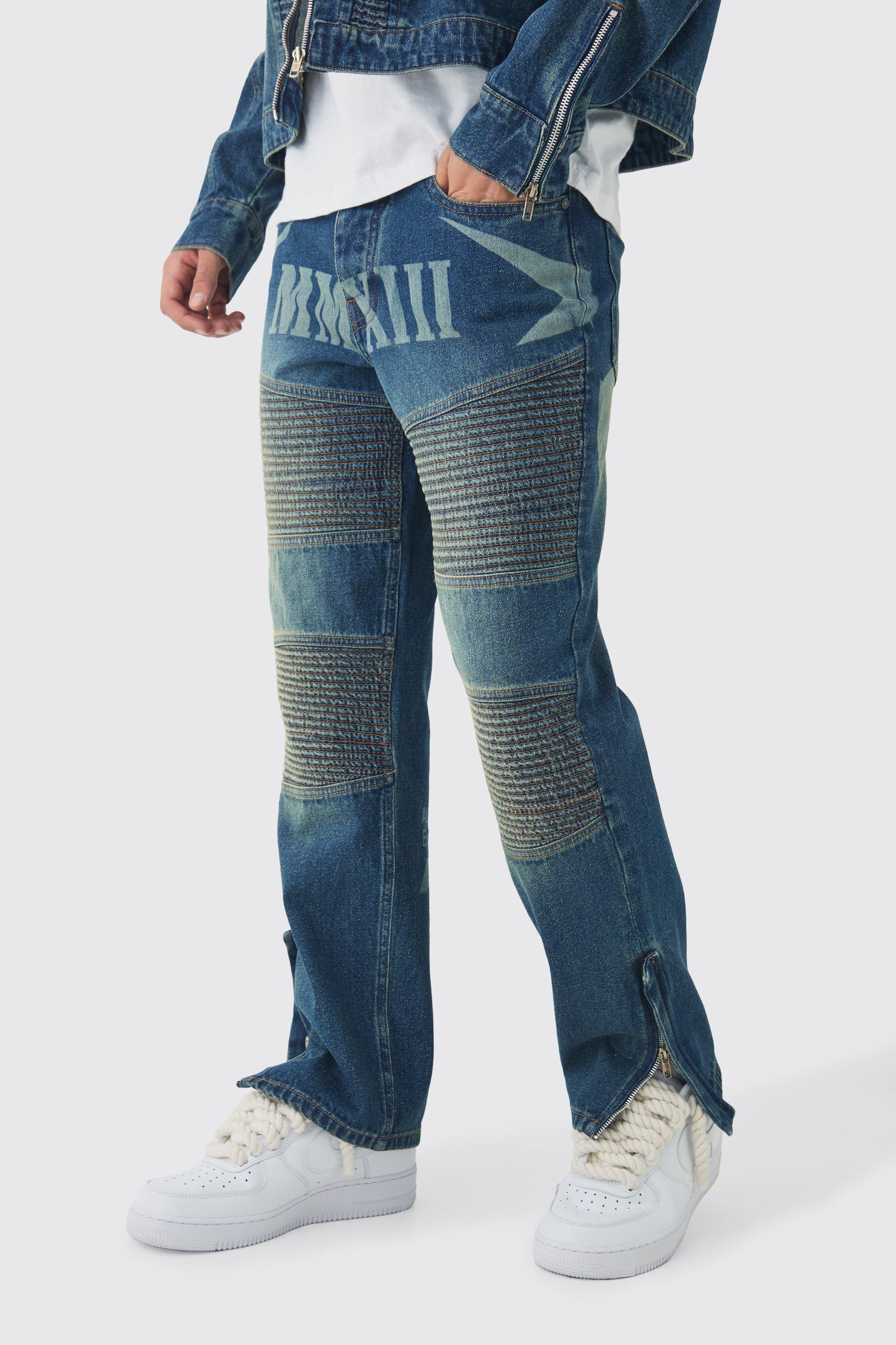 Straight Leg Moto Star Laser Print Jeans | boohooMAN USA Product Image