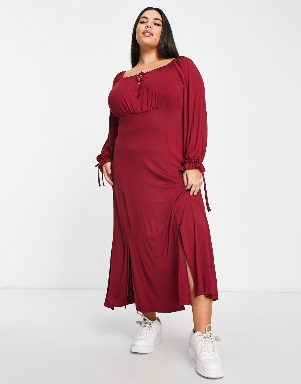 Yours Exclusive milkmaid midi dress in dark red Product Image