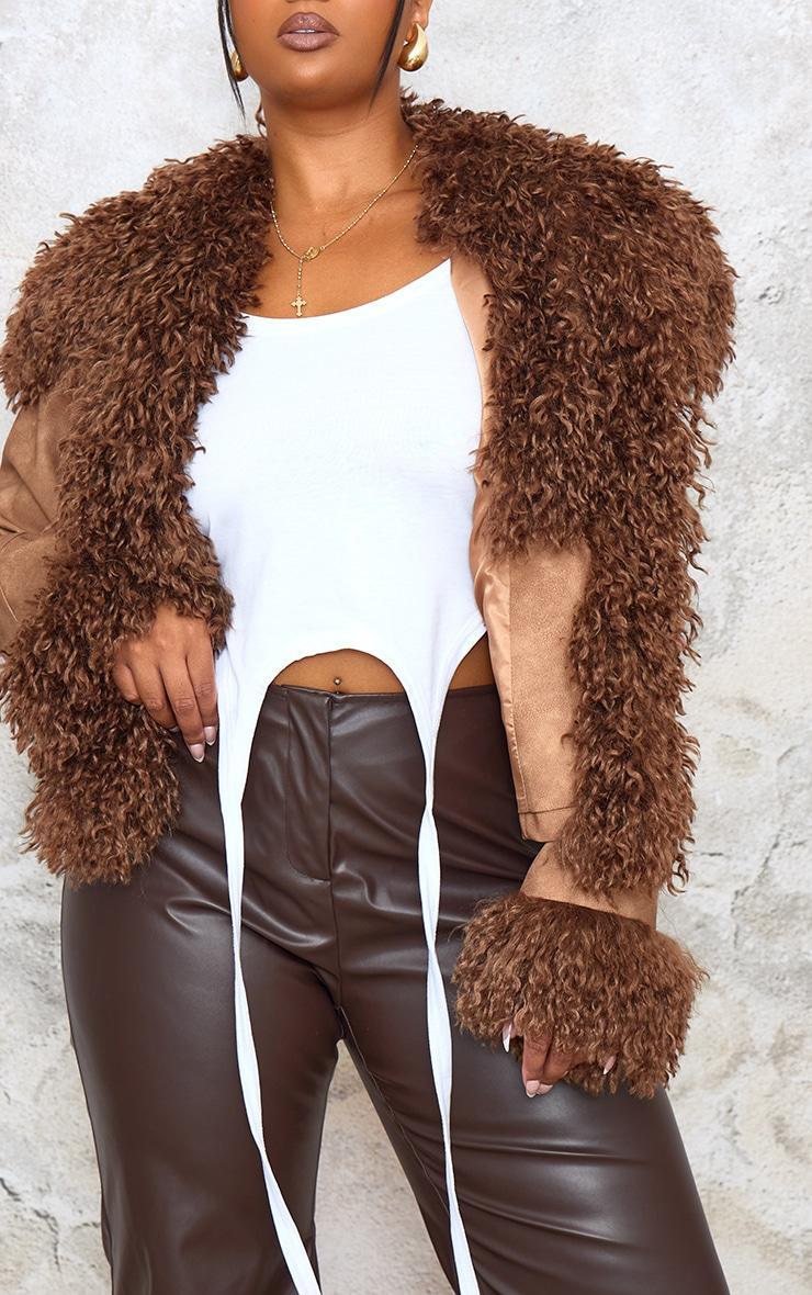 Plus Brown Distressed Contrast Faux Fur Cuff Detail Cropped Jacket Product Image