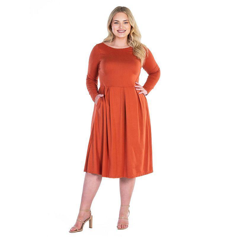 Plus Size 24seven Comfort Apparel Long Sleeve Fit & Flare Midi Dress, Womens Red/Coppr Product Image