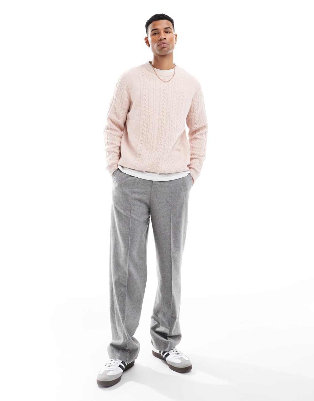 ASOS DESIGN relaxed slouchy crew neck cable knit sweater in pink Product Image