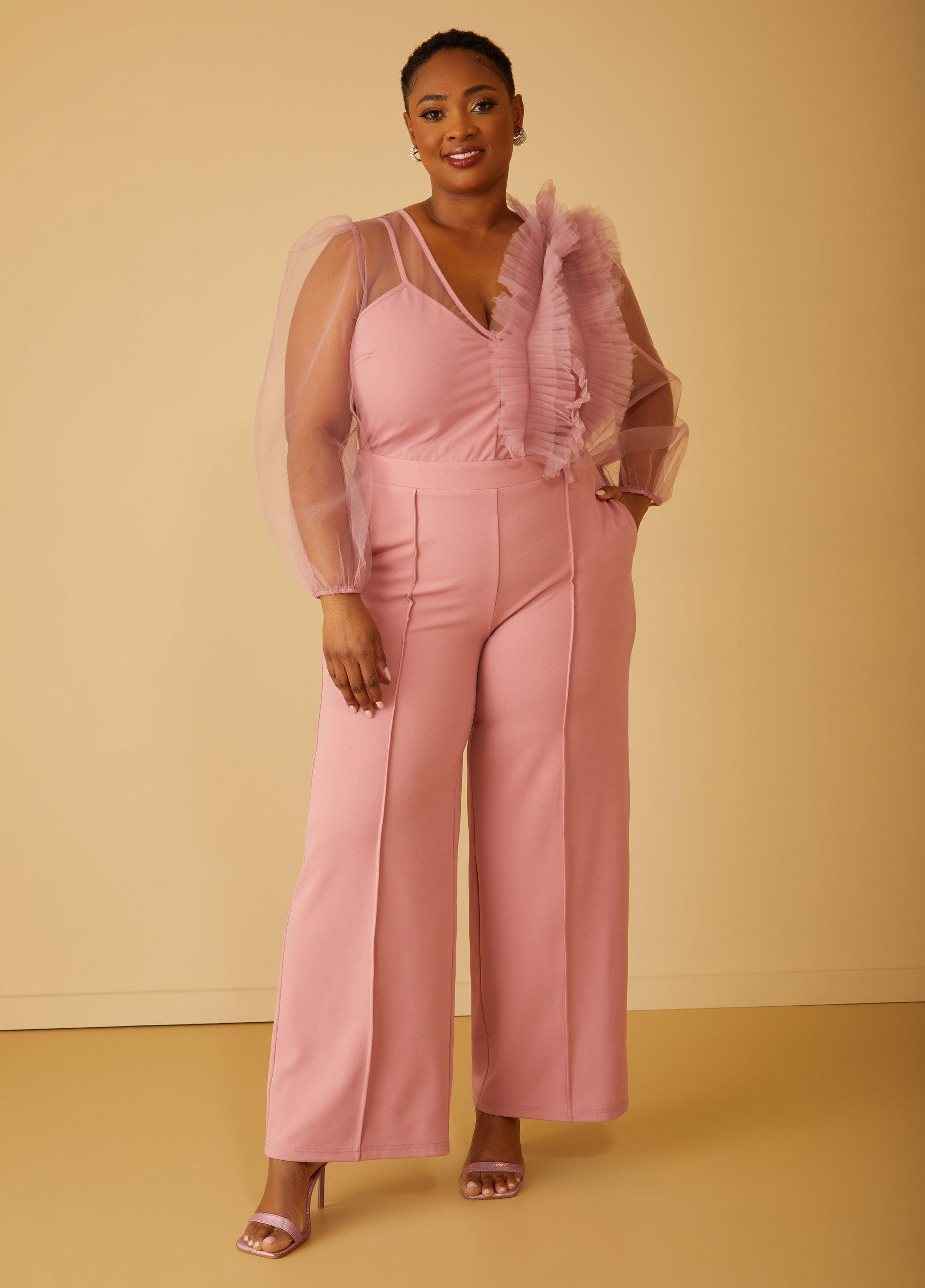 Plus Size Ruffled Tulle And Crepe Jumpsuit Ashley Stewart Product Image