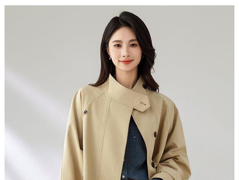 Stand Collar Plain Panel Button Trench Coat Product Image