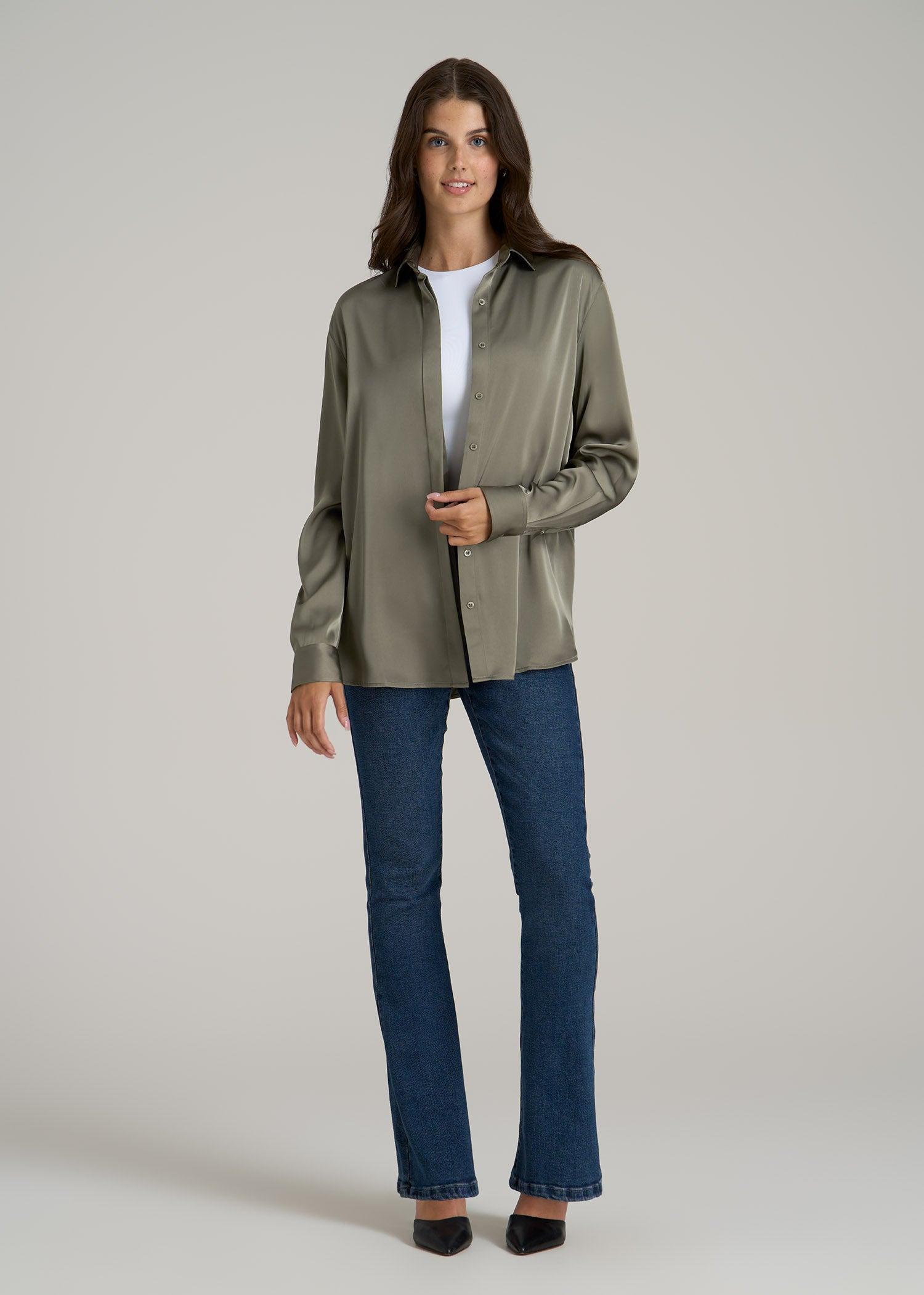 Relaxed Button Up Tall Women's Blouse in Camper Green Female Product Image