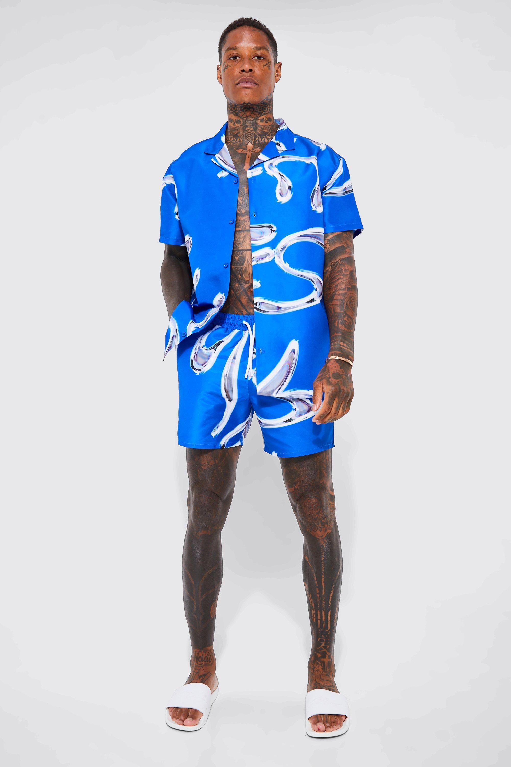 Mens Blue Short Sleeve Metallic Swirl Shirt And Swim Short, Blue Product Image