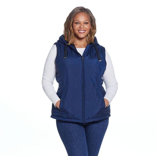 Womens Weathercast Hood Plush Lined Quilted Vest Blue Product Image